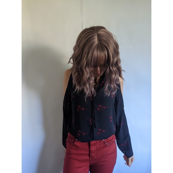 LOFT floral print cold shoulder. Long sleeve tie neck blouse, Navy & Red. sz M - Picture 3 of 12